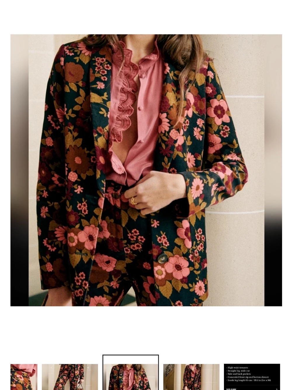 Sezane Dark Green Floral Blazer with Pink & Brown Accents